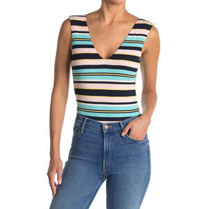 AFRM Striped Double V-Neck Sleeveless Bodysuit In Pastel Pink Size XS